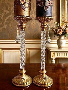 NWT DECORATIVE CRAFTS Pair Handcrafted 16" Brass Candle Holders Taper or Pillar